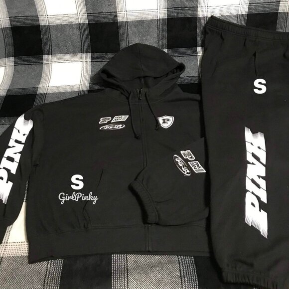 victoria secret PINK RACING sweatpants OUTFIT & FULL ZIP IN BLACK SIZE SMALL - Picture 1 of 12